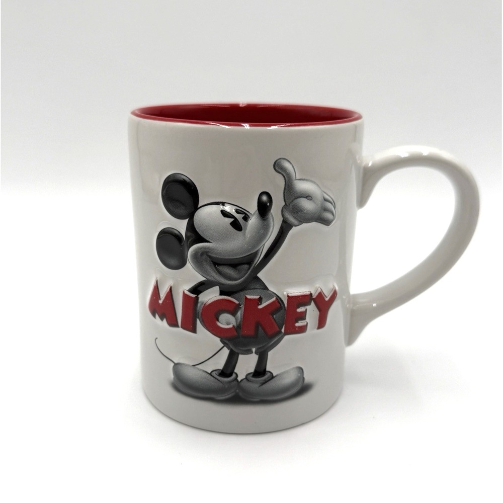 Disney Store Mickey‎ Mouse 3D Embossed Gray Red Coffee Cup Mug Double Sided